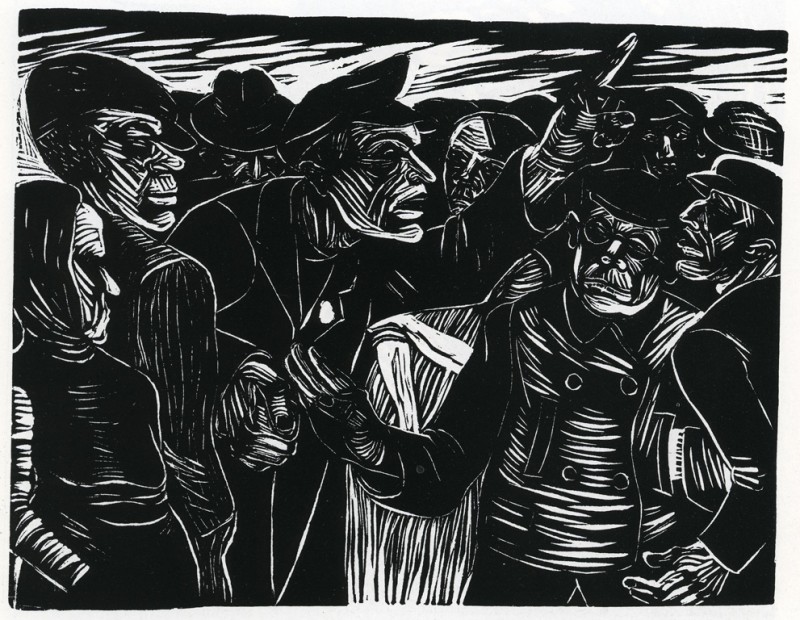 <em>Diskussion (auf der Straße) zwischen KPD- und SPD-Arbeitern</em>, 1930/31, Linolschnitt, 27,5 × 36,5 cm