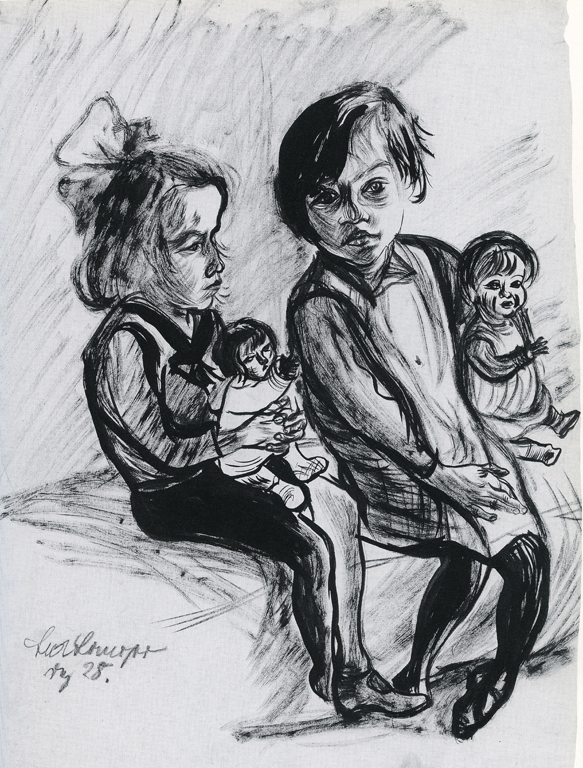 <em>Zwei Mädchen aus der Ostbahnstraße I</em>,<br />1928, Rohrfeder und Pinsel in schwarzer Tusche, laviert, 46 x 35 cm